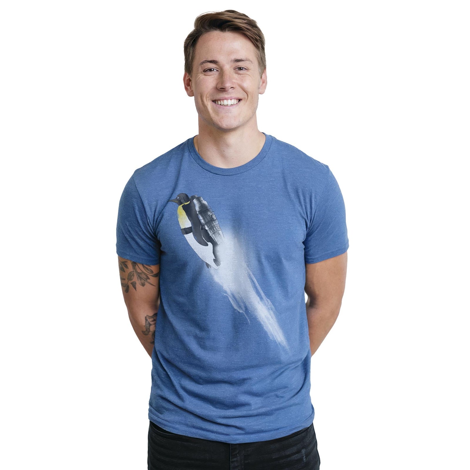 Wingless Migration Funny Staple T-shirt in Royal Heather On Model - Front View