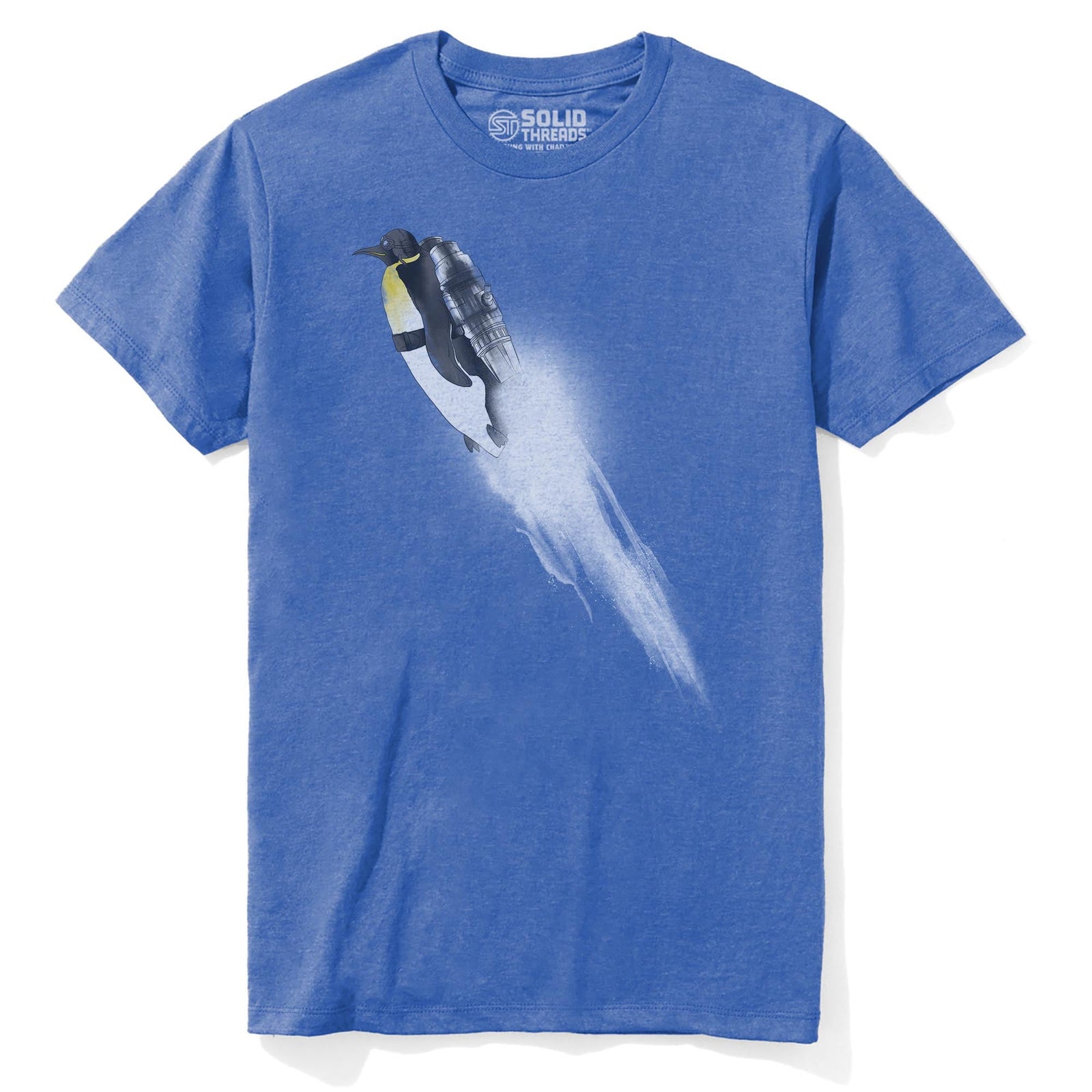 Wingless Migration Funny Staple T-shirt in Royal Heather - Front View
