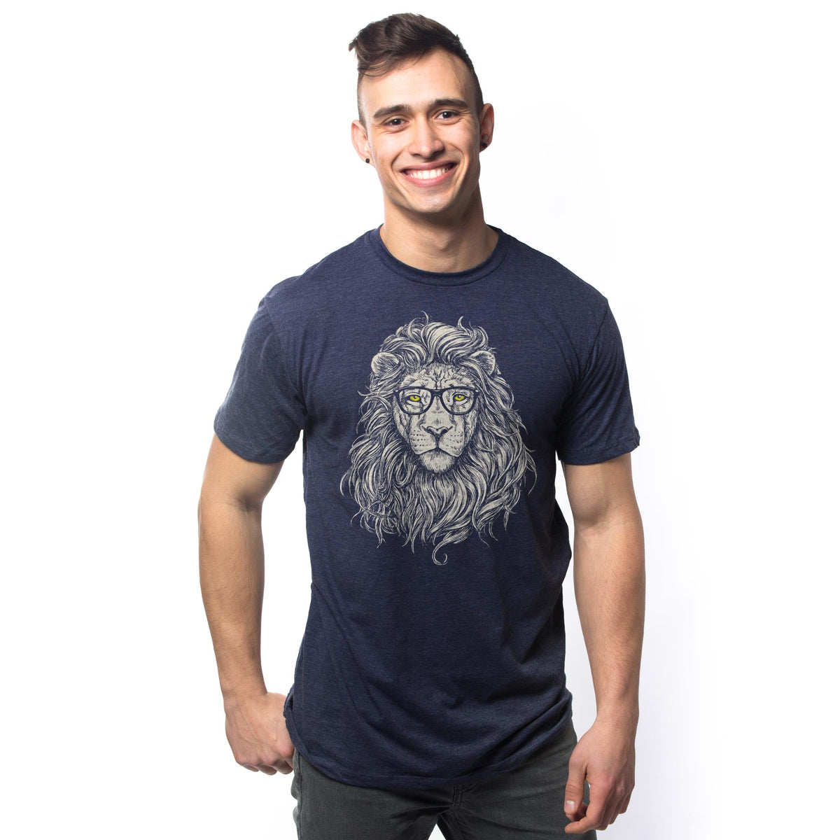 Men's Wise-Lion Artistic Graphic T-Shirt | Cool Cat Nerd  Tee on Model | Solid Threads