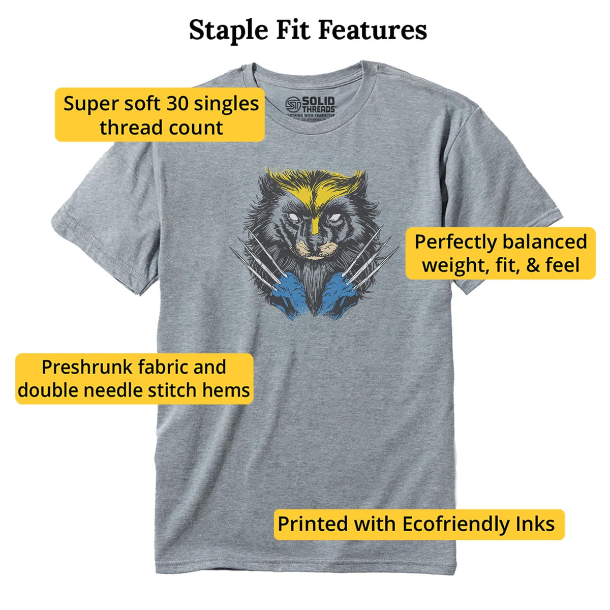 Wolverine Funny Staple T-shirt in Ash Heather - Fit Attributes