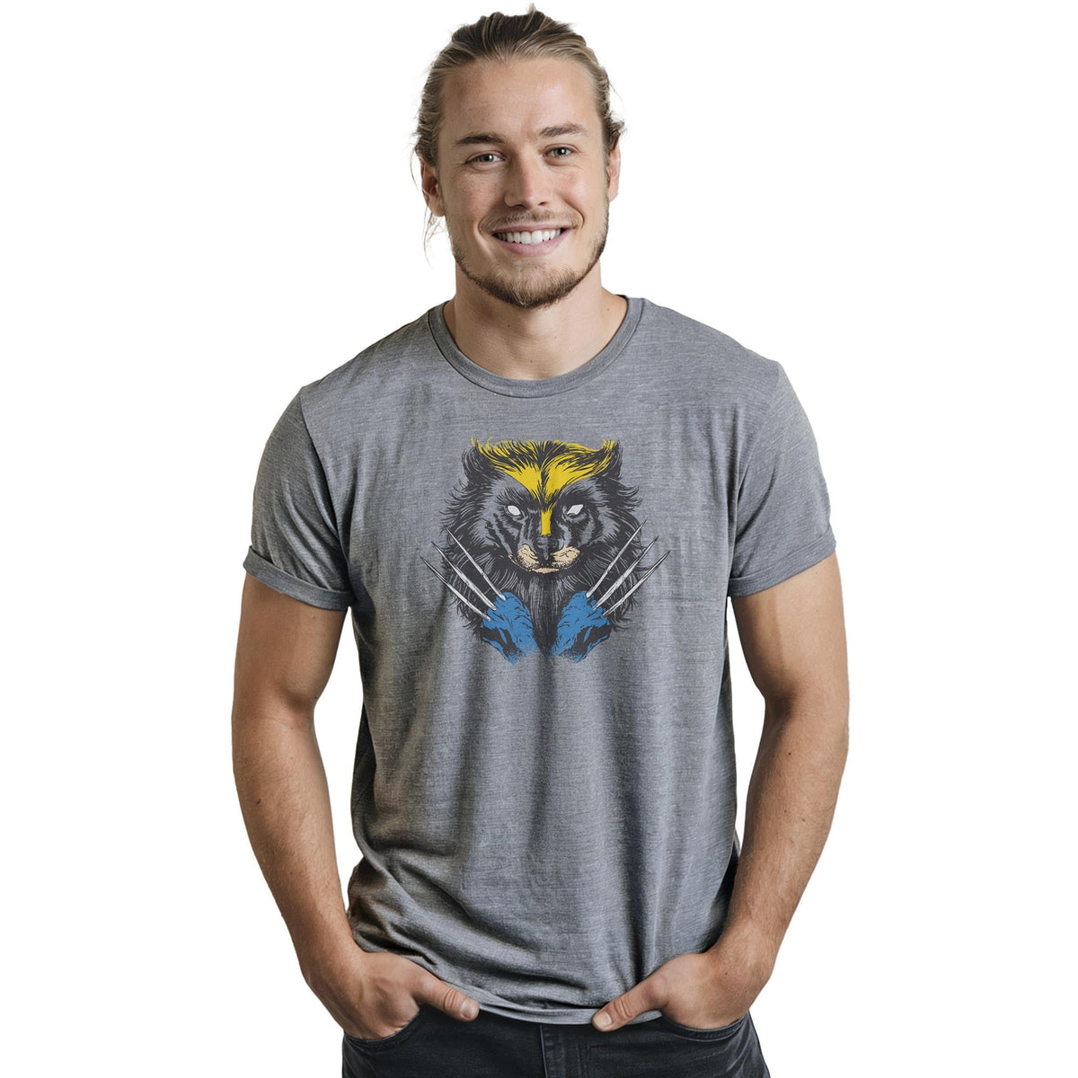 Wolverine Funny Staple T-shirt in Ash Heather On Model - Front View