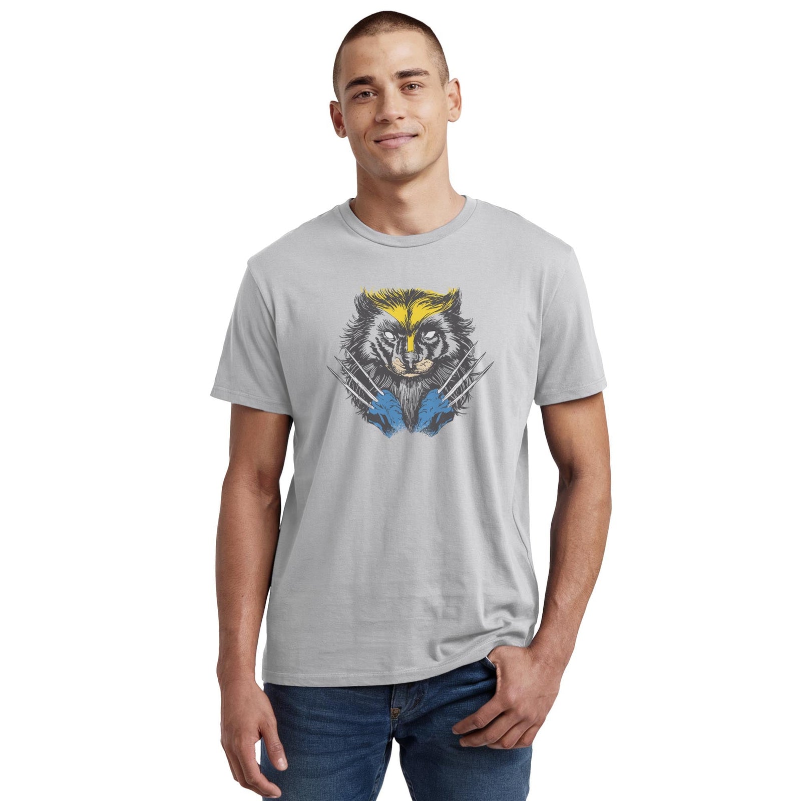 Wolverine Funny Staple T-shirt in Silver On Model - Front View