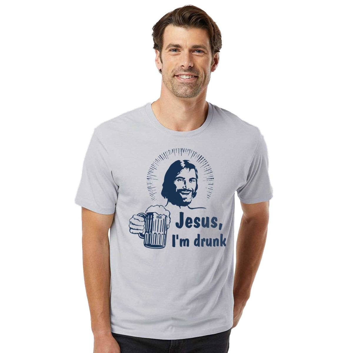 Jesus I'm Drunk Funny Organic Cotton T-shirt | Vintage Drinking Tee On Model | Solid Threads