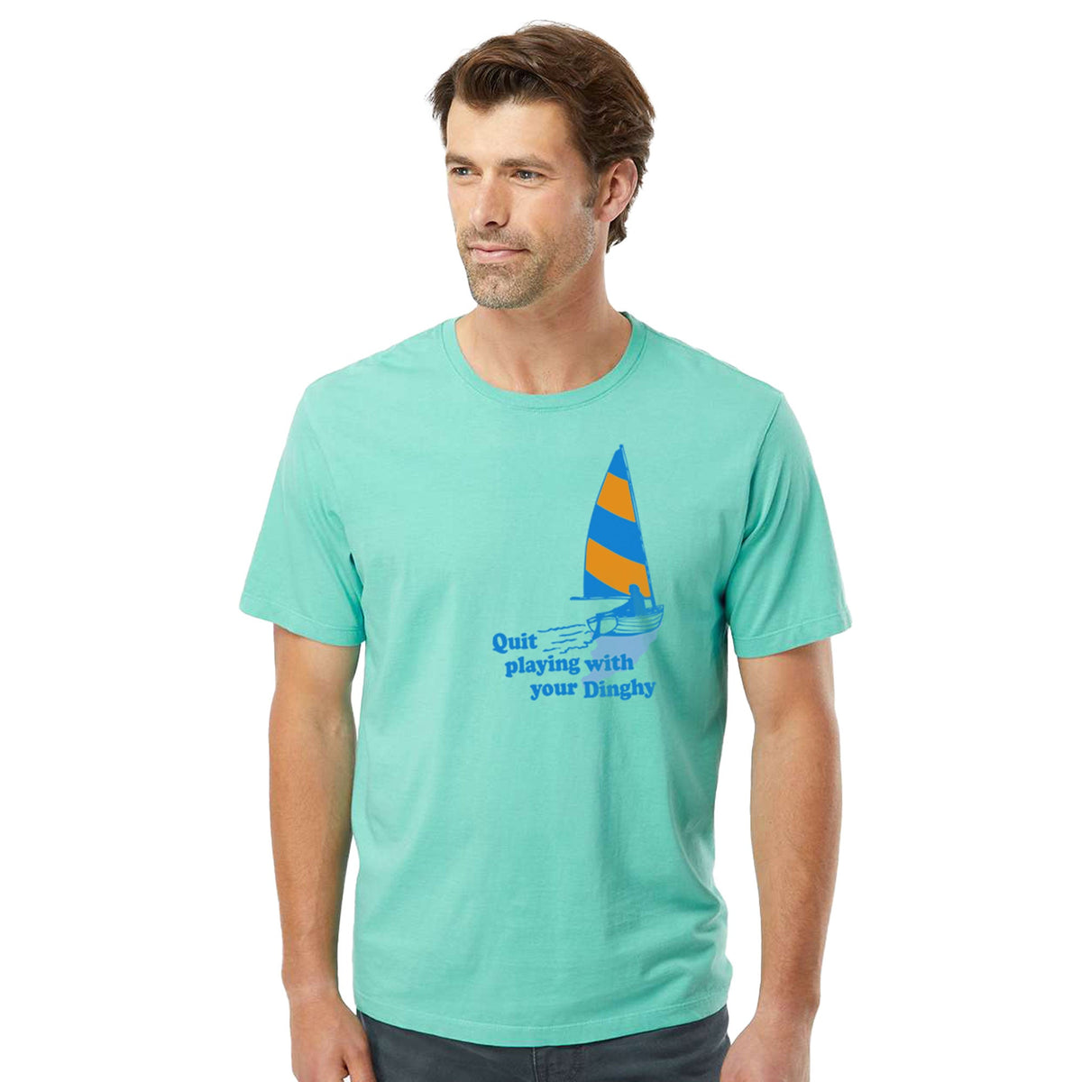 Quit Playing With Your Dinghy Vintage Organic Cotton T-shirt | Funny Sailing   Tee On Model | Solid Threads