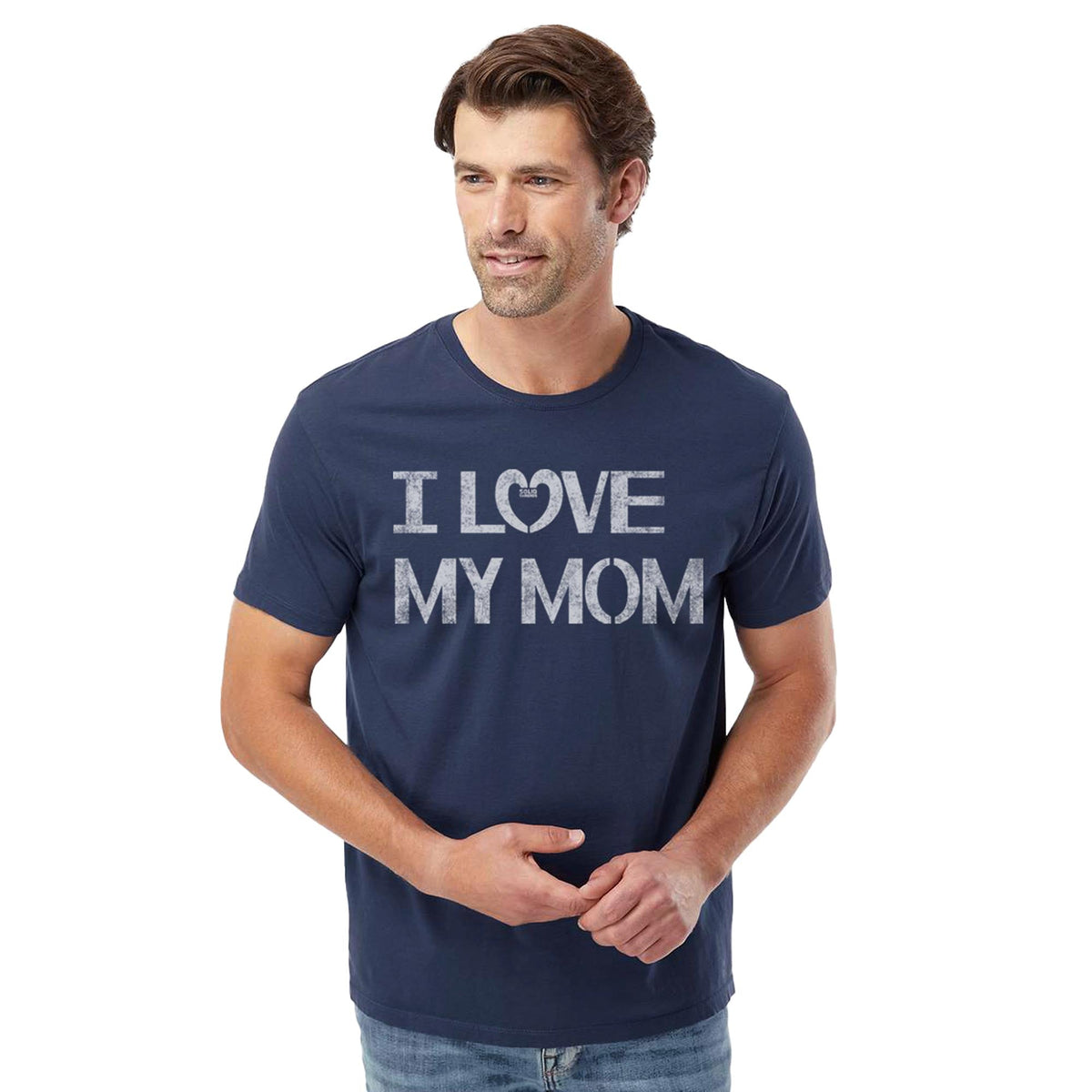 Men's I Love My Mom Cute Graphic T-Shirt | Vintage New Parent Tee on Model | Solid Threads