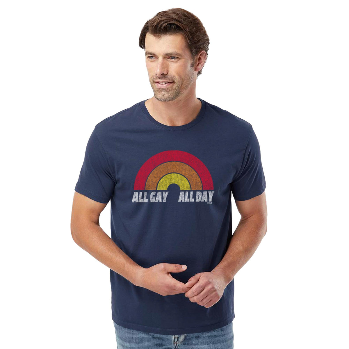 All Gay All Day Vintage Organic Cotton T-shirt | Retro Pride   Tee On Model | Solid Threads