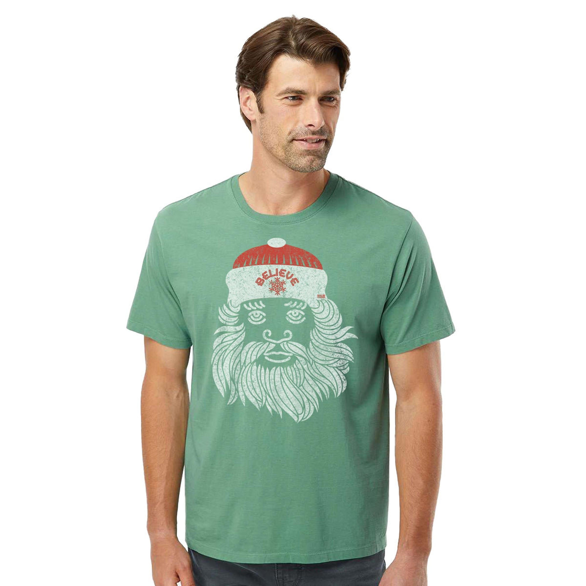 Believe In Santa Cool Organic Cotton T-shirt | Vintage Christmas Spirit  Tee On Model | Solid Threads