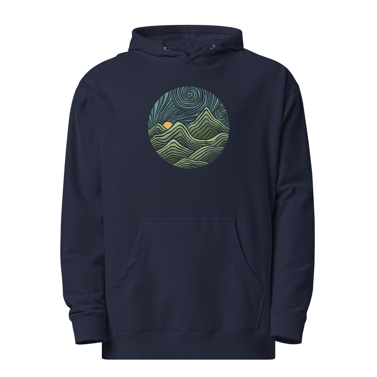 Swirly Mountains Vintage Nature Graphic Fleece | Cool Colorful Hippie Midweight Hoodie | Solid Threads