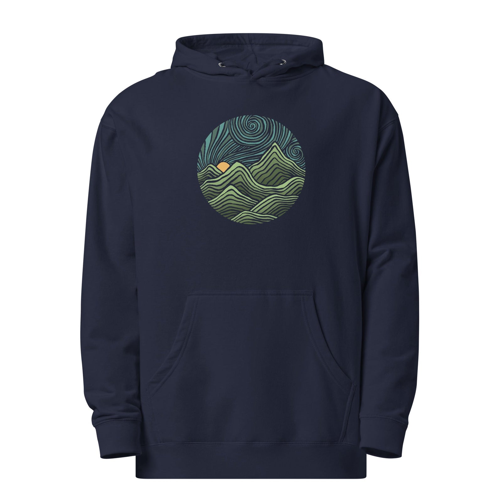 Swirly Mountains Vintage Nature Graphic Fleece | Cool Colorful Hippie Midweight Hoodie | Solid Threads