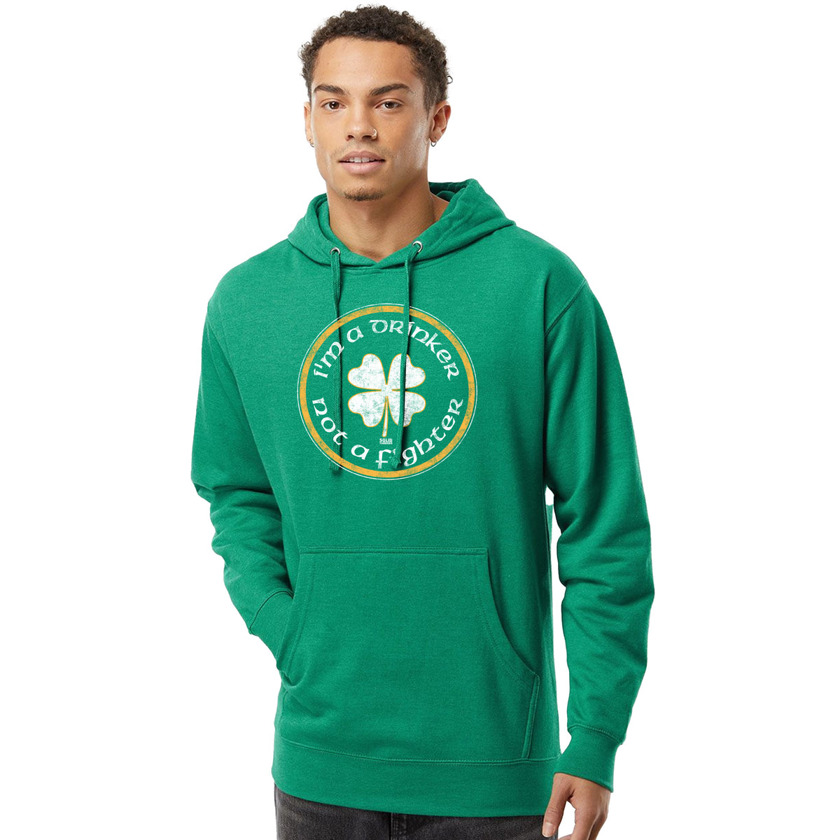 Drinker Not a Fighter Vintage Graphic Fleece | Funny Drinking Soft Blend Midweight Hoodie on Model | Solid Threads