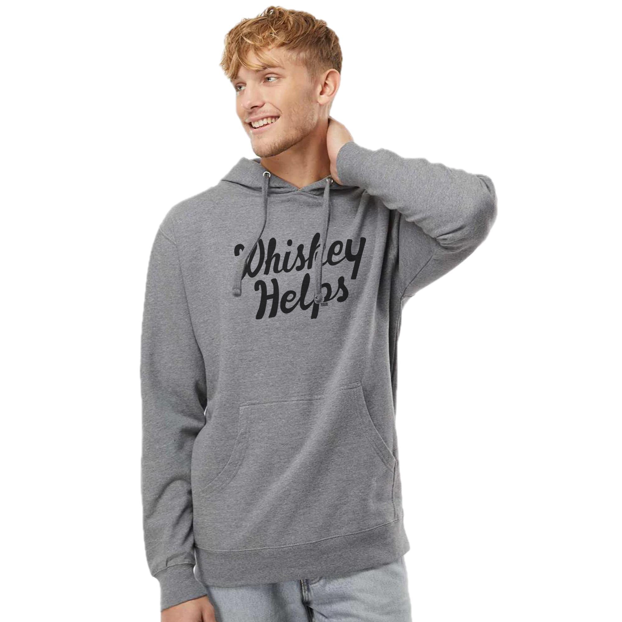 Whiskey Helps Funny Drinking Graphic Fleece | Vintage Distillery Grey Midweight Hoodie | SOLID THREADS