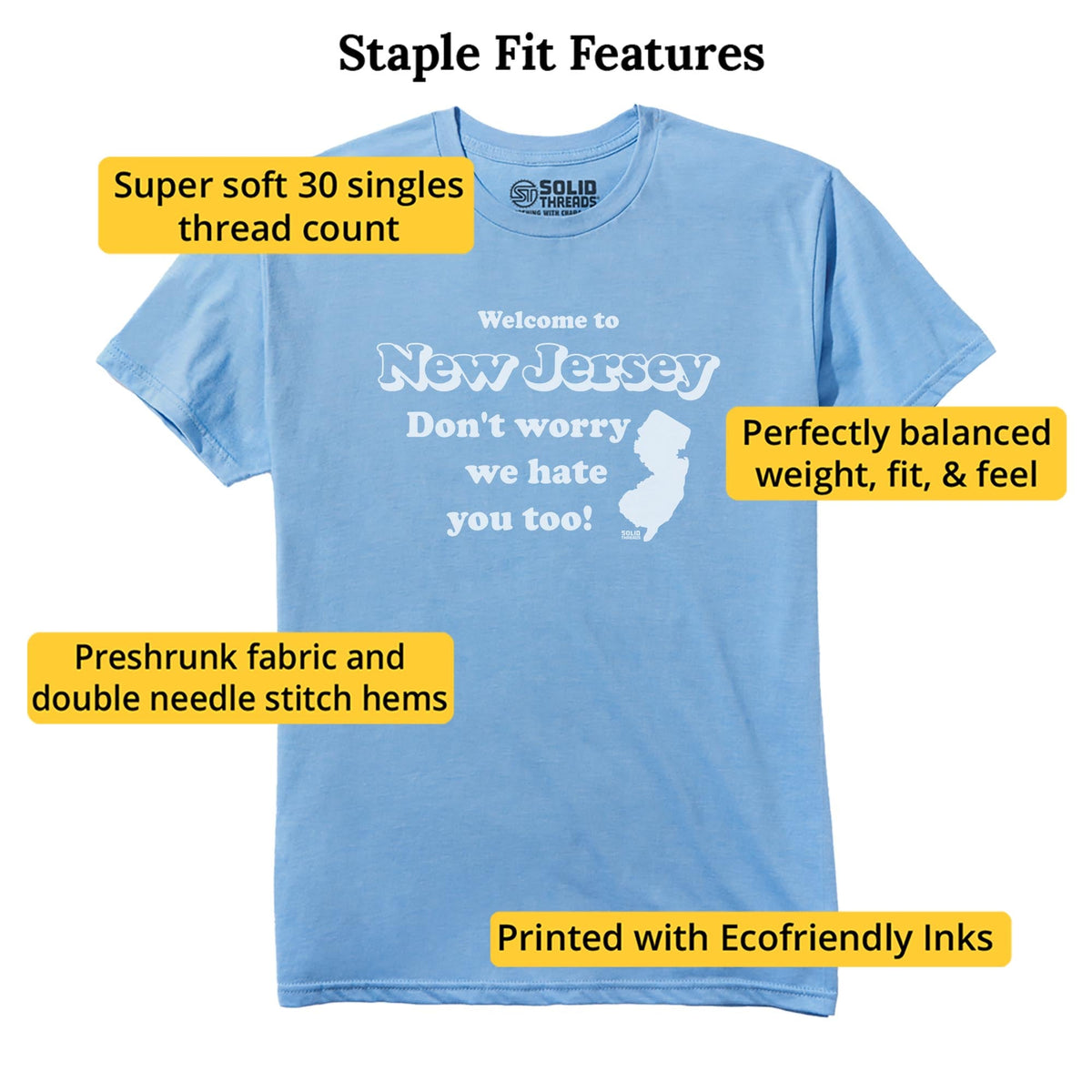 Welcome To New Jersey Don't Worry We Hate You Too Vintage Staple T-shirt in Light Blue Heather - Fit Attributes