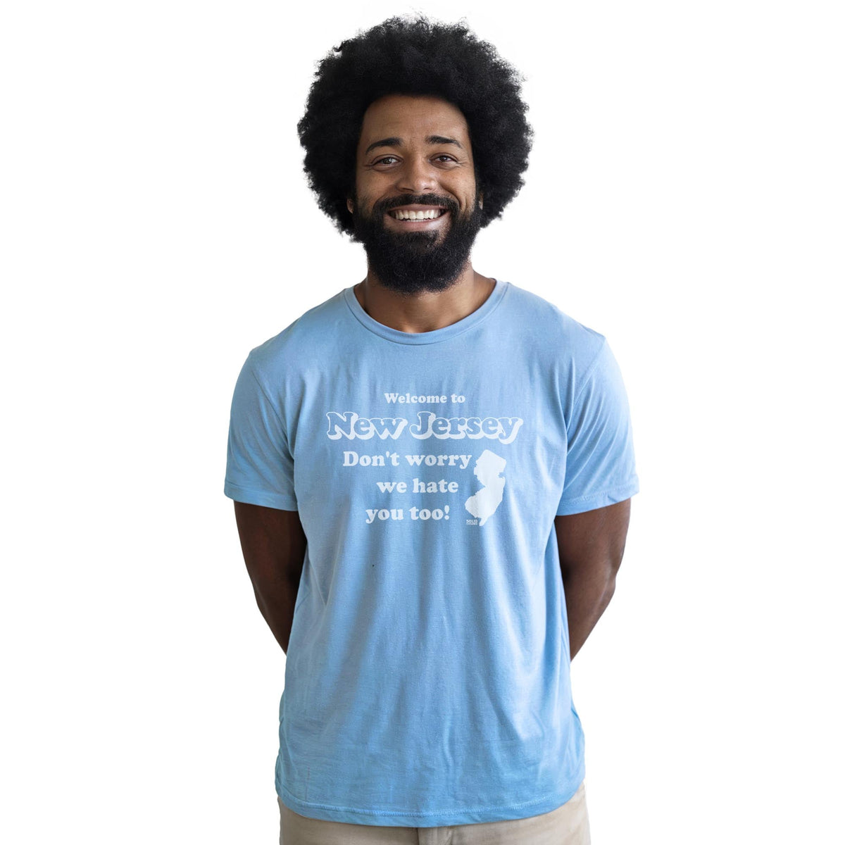 Welcome To New Jersey Don't Worry We Hate You Too Vintage Staple T-shirt in Light Blue Heather On Model - Front View