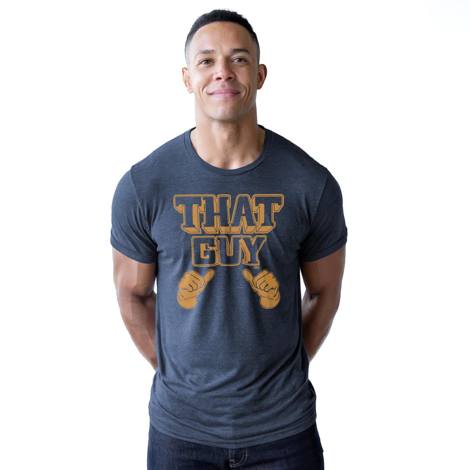 That Guy Funny Staple T-shirt in Navy Heather On Model - Front View