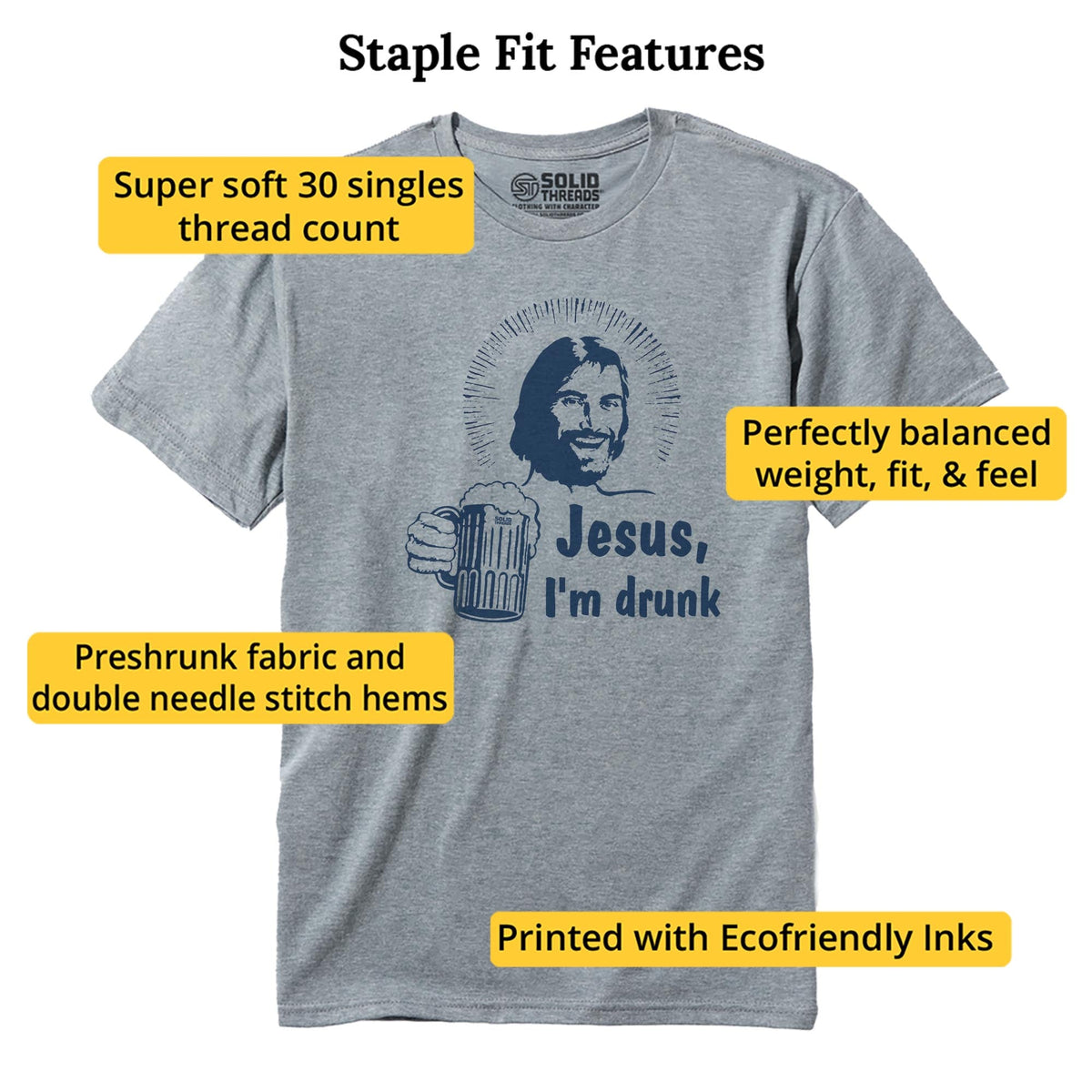 Jesus I'm Drunk Funny Staple T-shirt in Ash Heather - Fit Attributes