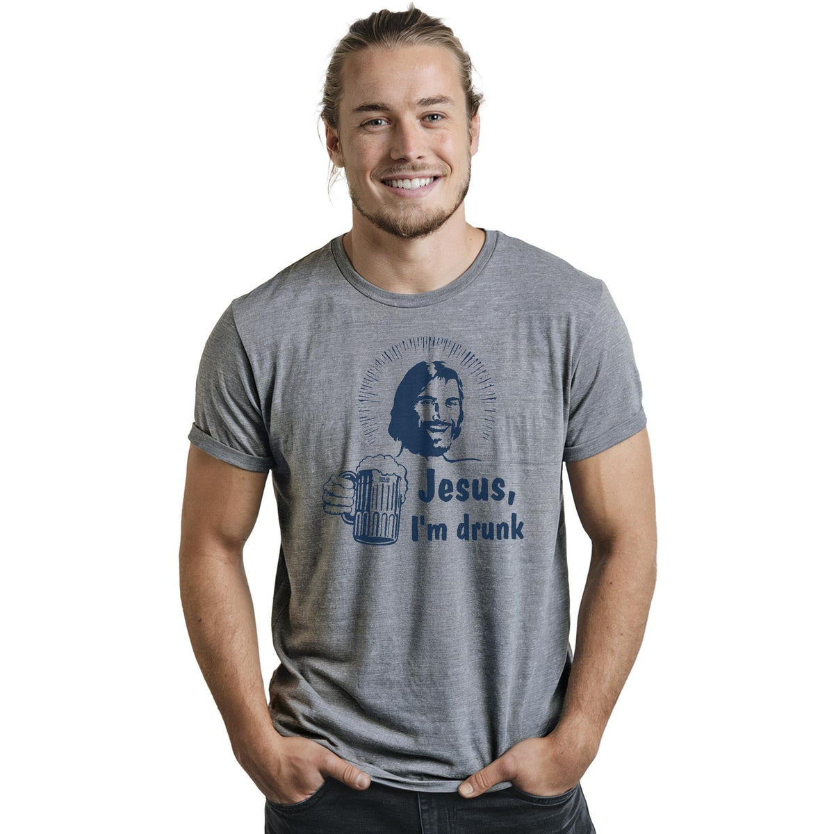 Jesus I'm Drunk Funny Staple T-shirt in Ash Heather On Model - Front View