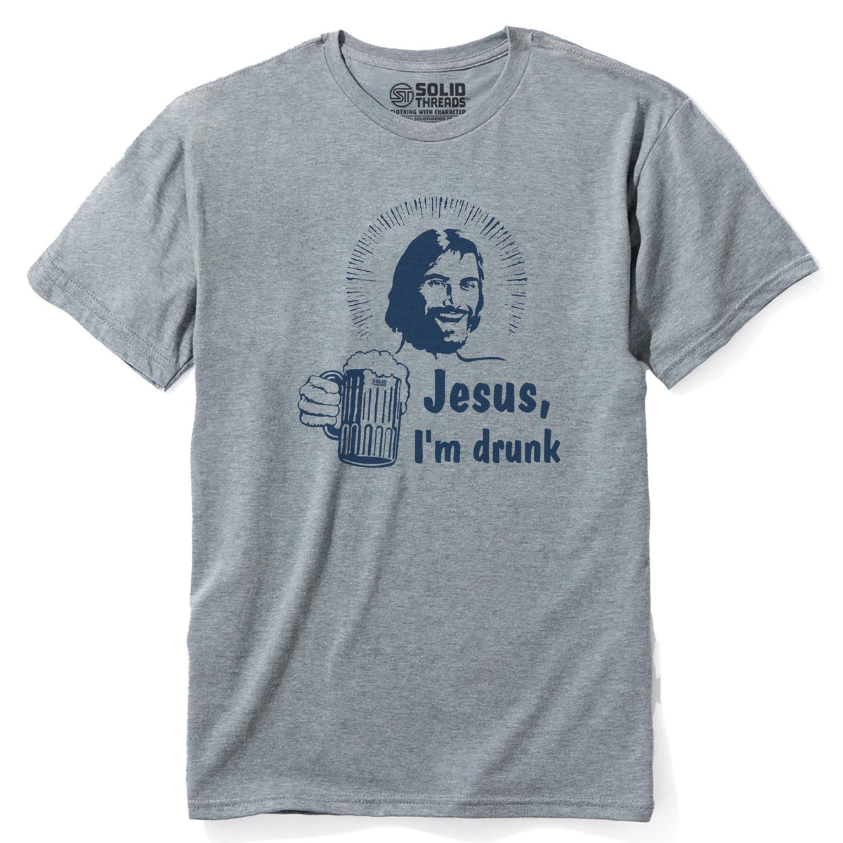 Jesus I'm Drunk Funny Staple T-shirt in Ash Heather - Front View