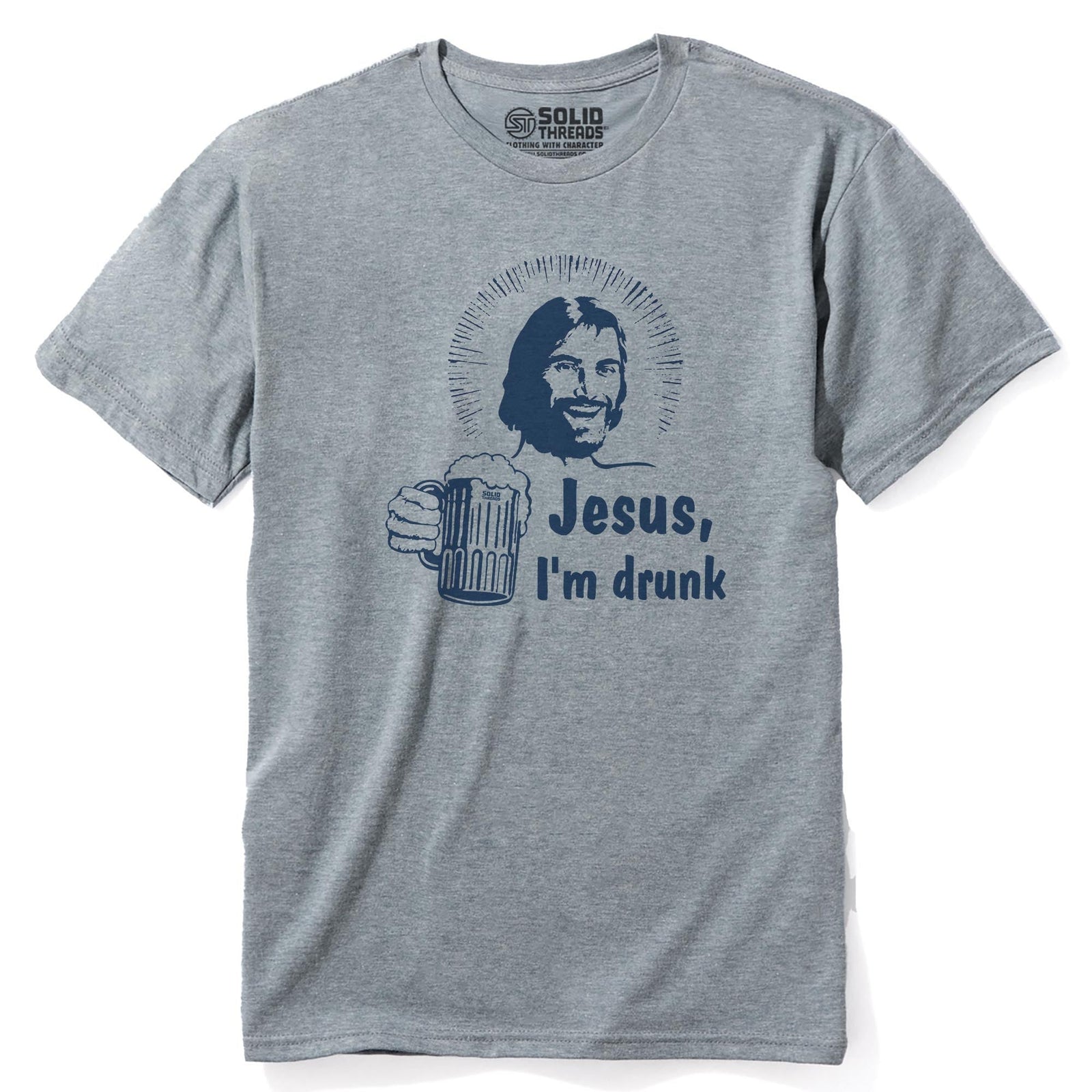 Jesus I'm Drunk Funny Staple T-shirt in Ash Heather - Front View