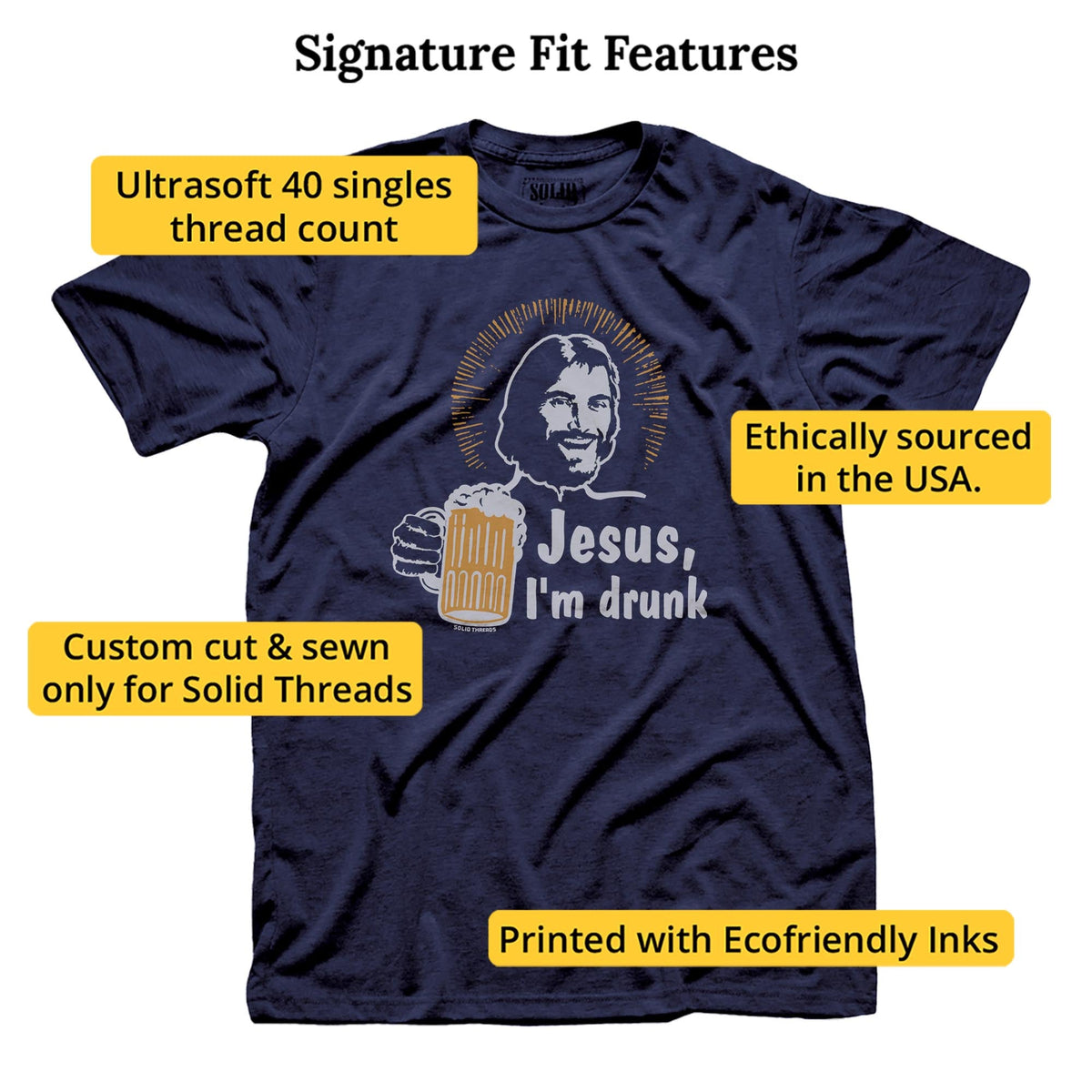 Jesus I'm Drunk Funny Signature T-shirt in Navy - Fit Attributes