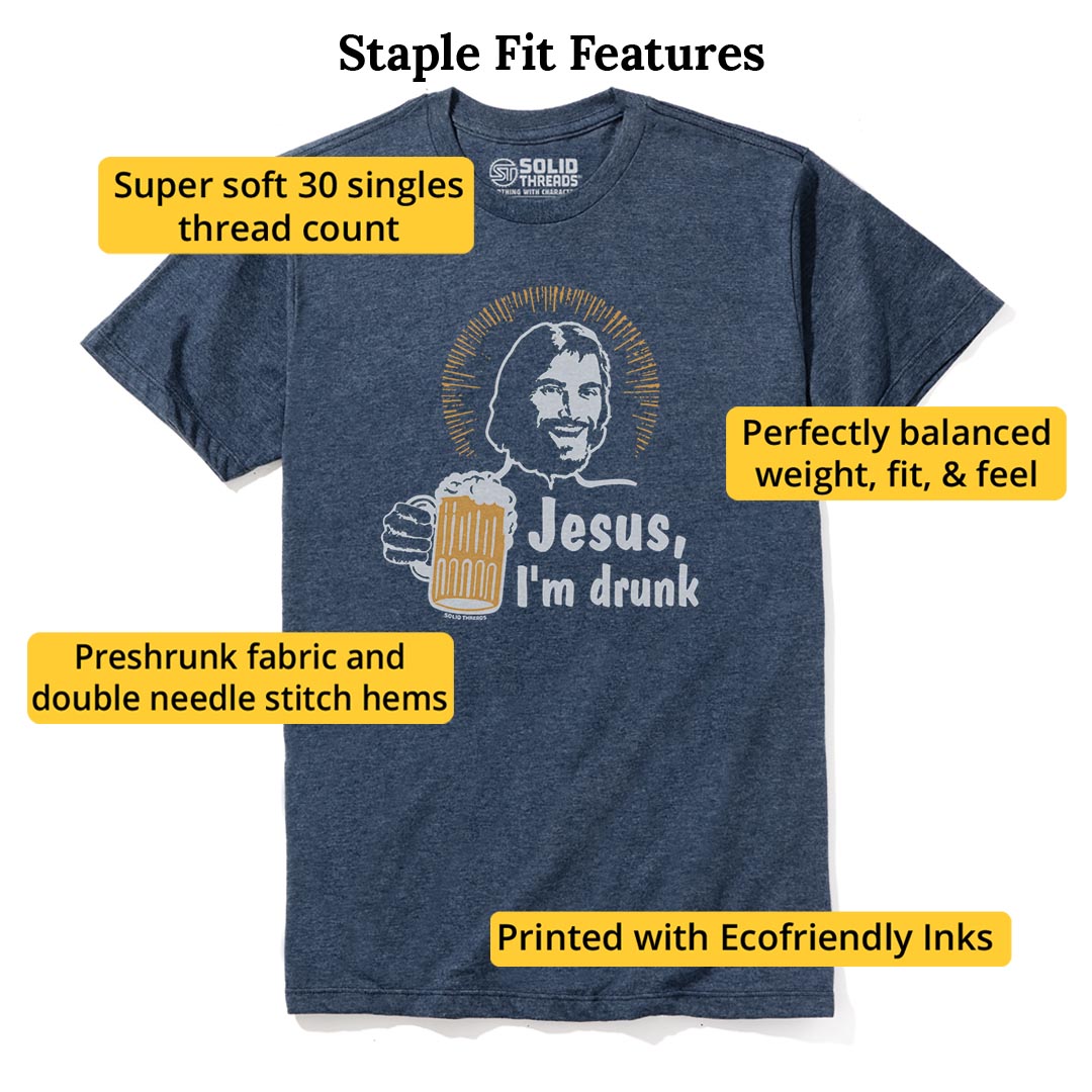 Jesus I'm Drunk Funny Staple T-shirt in Navy Heather - Fit Attributes
