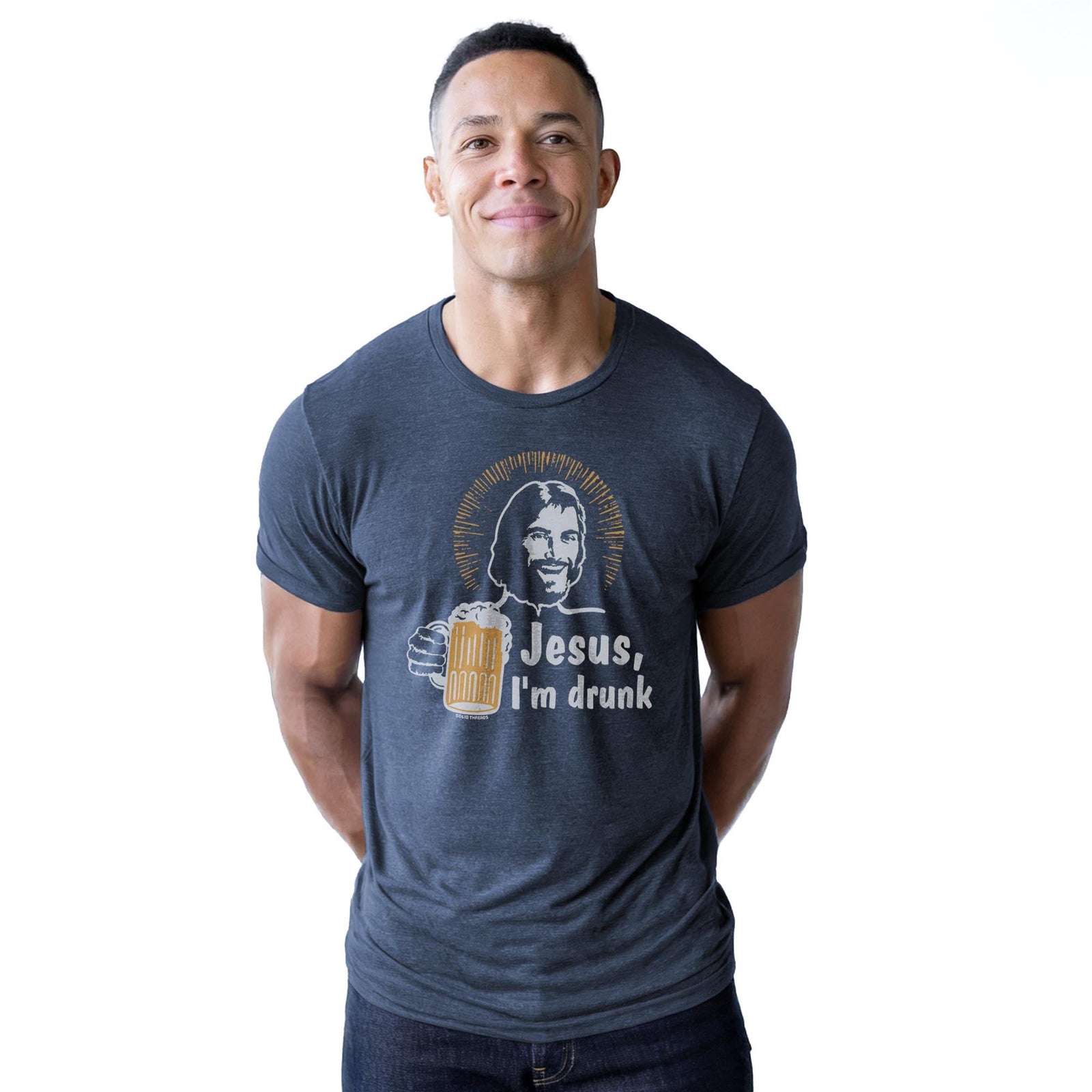Jesus I'm Drunk Funny Staple T-shirt in Navy Heather On Model - Front View