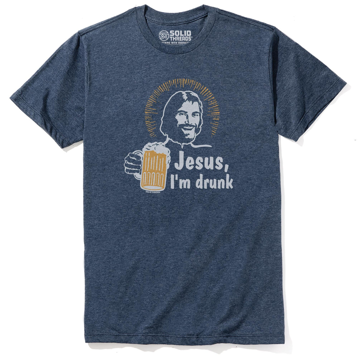 Jesus I'm Drunk Funny Staple T-shirt in Navy Heather - Front View