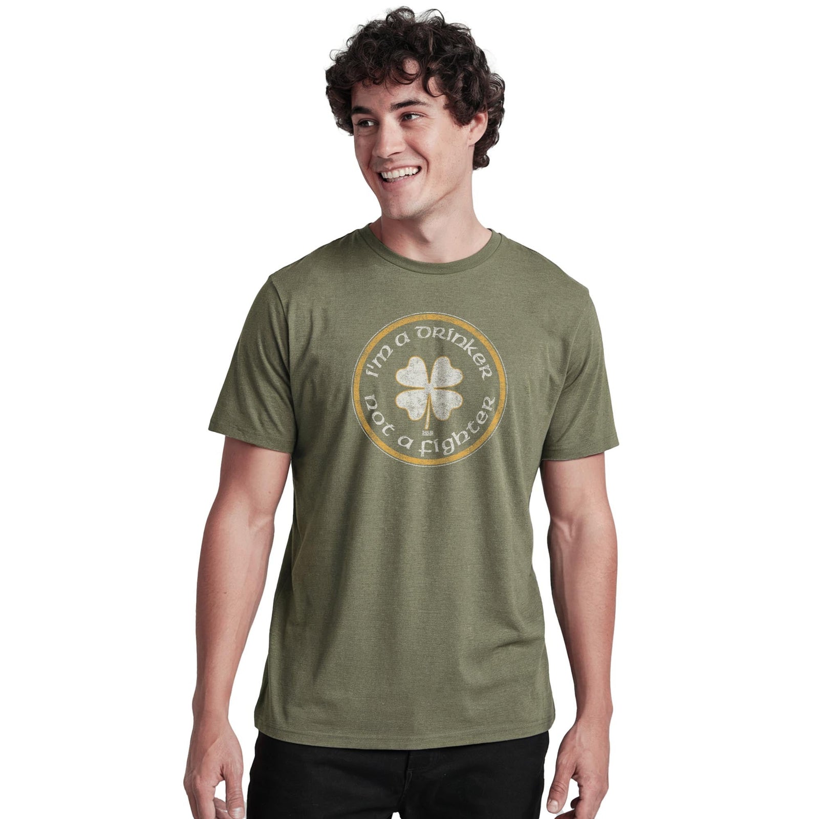 I'm A Drinker Not A Fighter Vintage Staple T-shirt in Olive Heather On Model - Front View