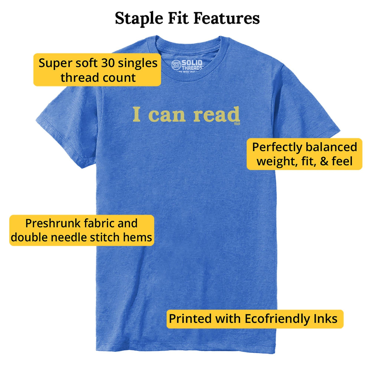 I Can Read Funny Staple T-shirt in Royal Heather - Fit Attributes