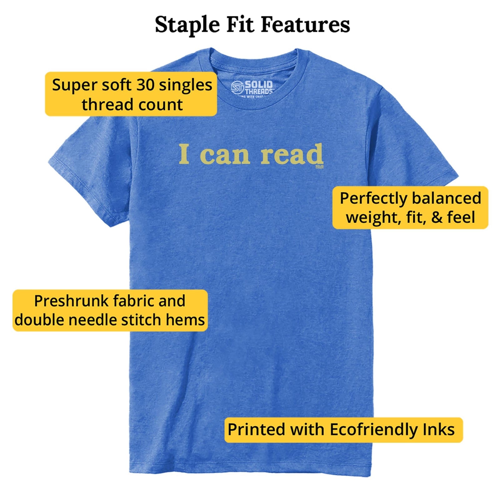 I Can Read Funny Staple T-shirt in Royal Heather - Fit Attributes