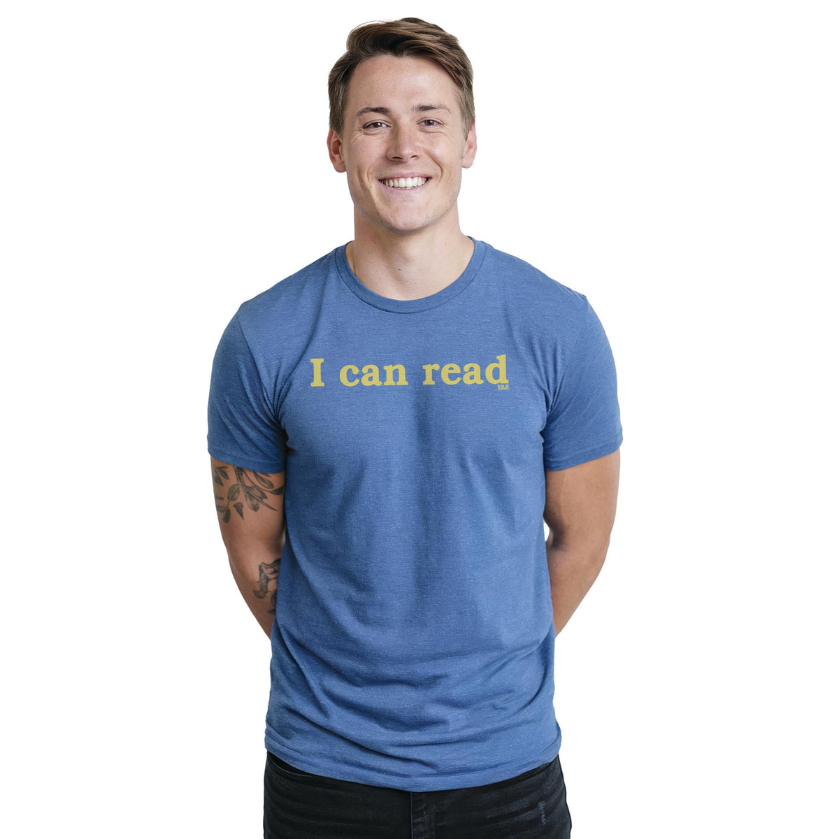 I Can Read Funny Staple T-shirt in Royal Heather On Model - Front View