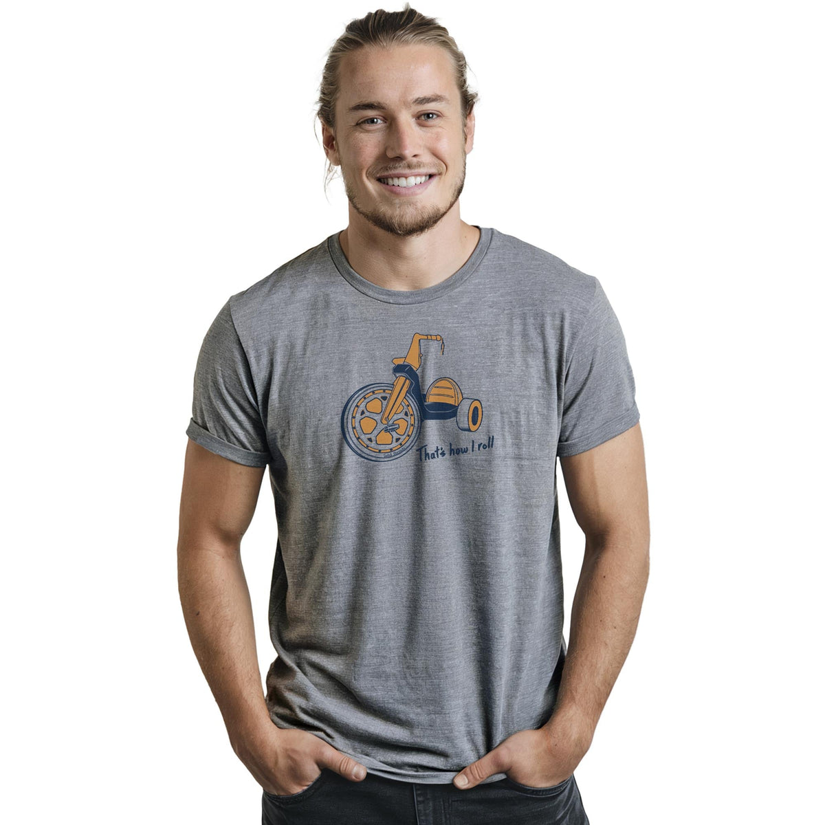 That's How I Roll Funny Staple T-shirt in Ash Heather On Model - Front View