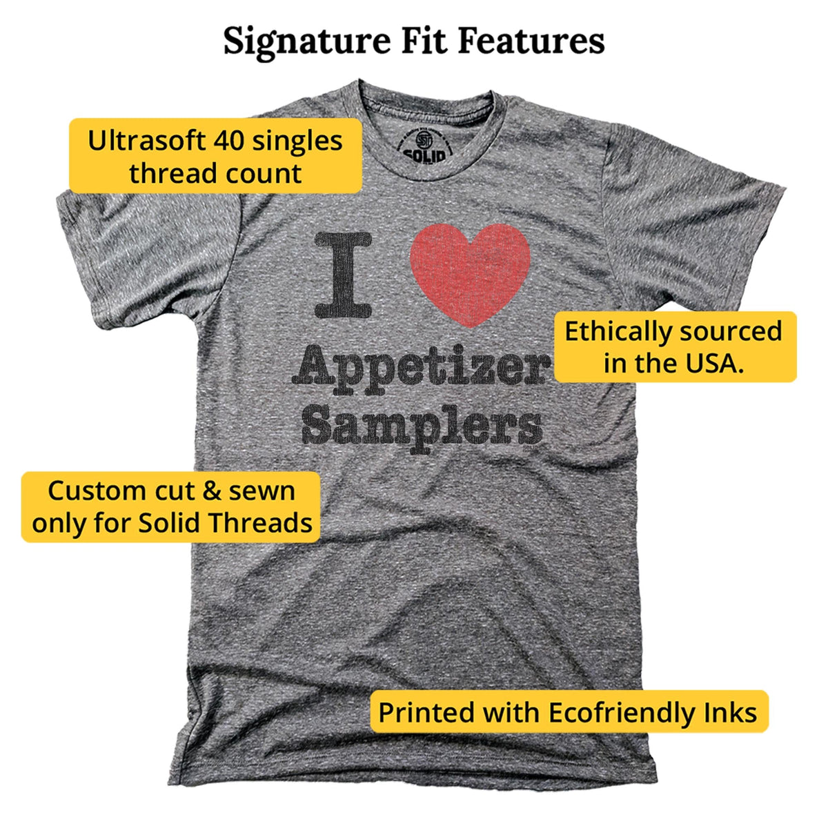 I Heart Appetizer Samplers Vintage Signature T-shirt in Triblend Grey - Fit Attributes