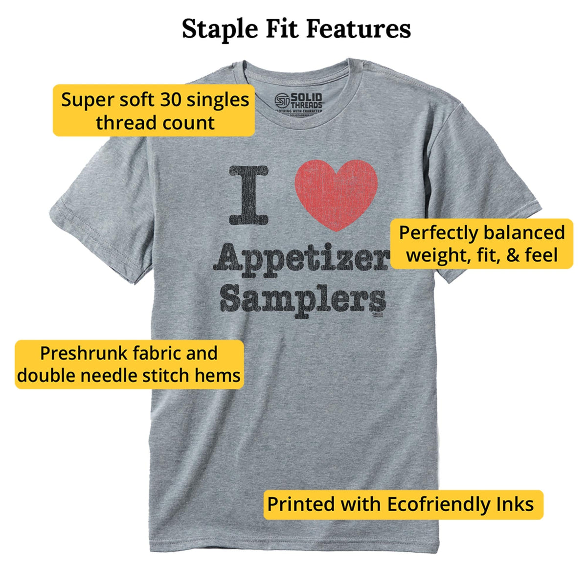I Heart Appetizer Samplers Vintage Staple T-shirt in Ash Heather - Fit Attributes