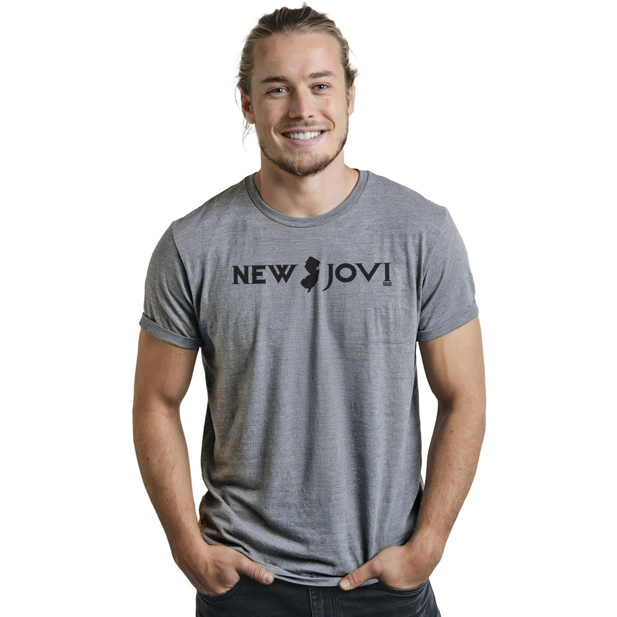 New Jovi Funny Staple T-shirt in Ash Heather On Model - Front View
