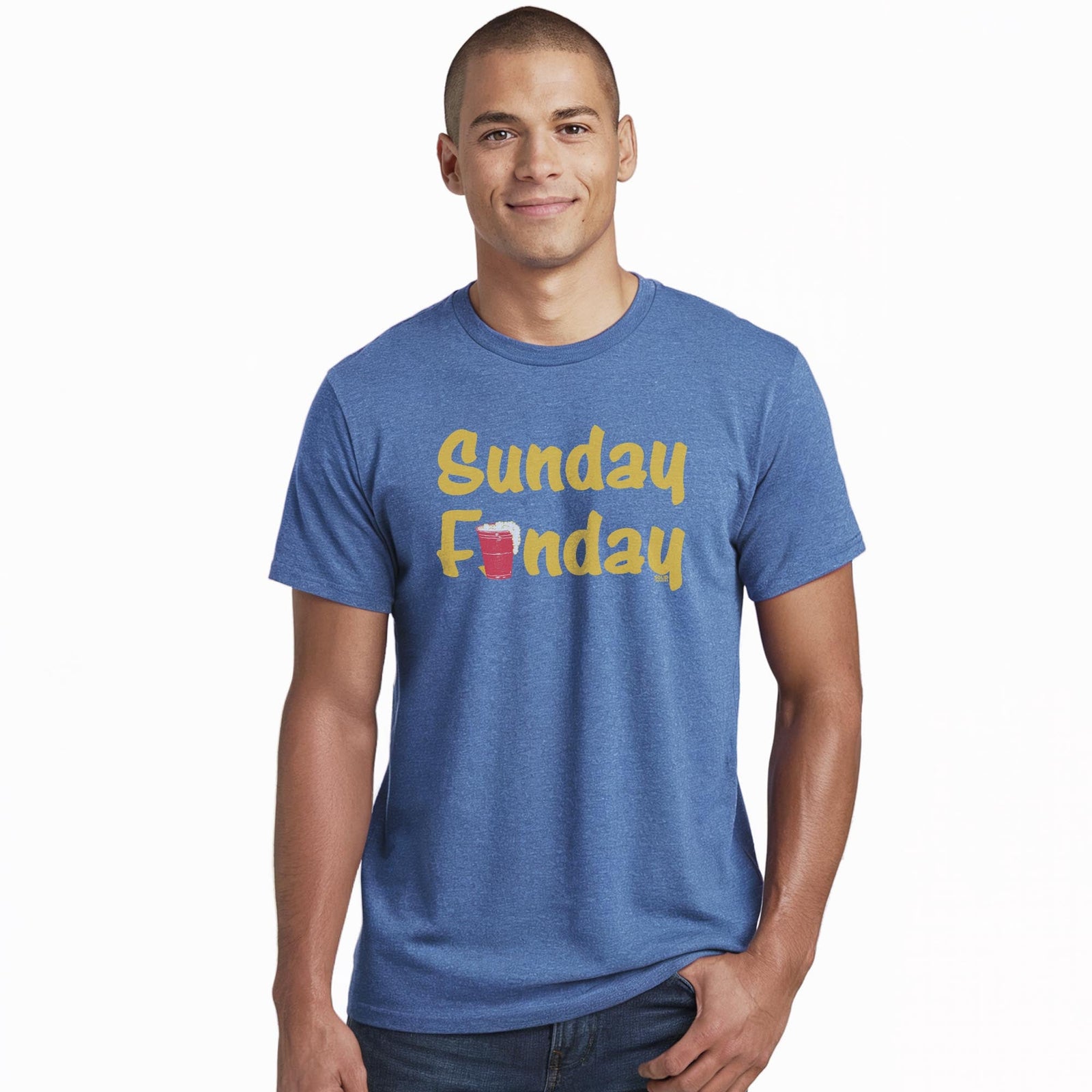 Sunday Funday Vintage Staple T-shirt in Royal Heather On Model - Front View