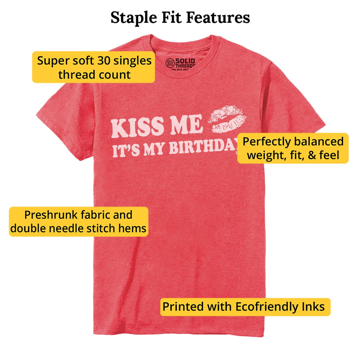 Kiss Me It's My Birthday Cool Staple T-shirt in Red Heather - Fit Attributes