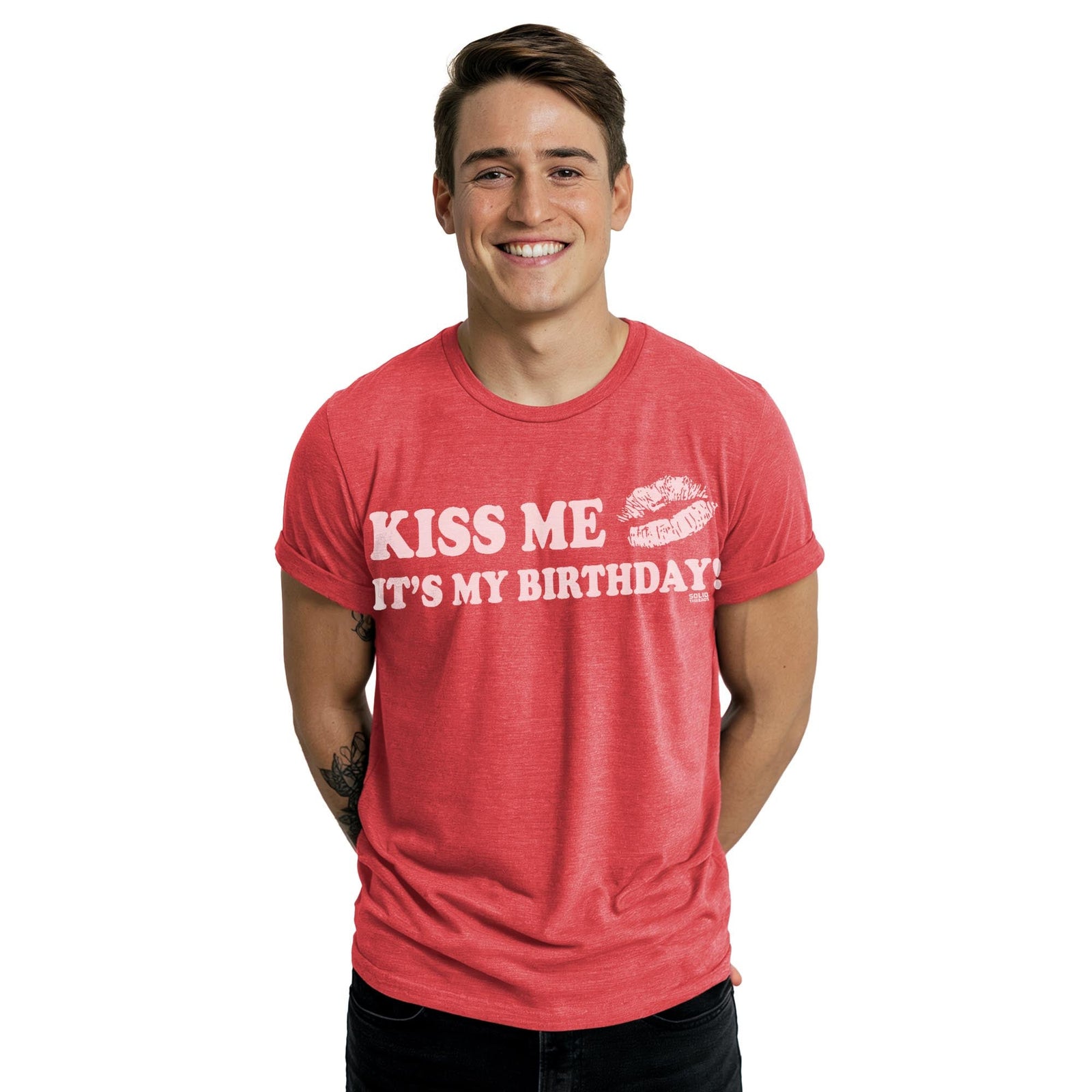 Kiss Me It's My Birthday Cool Staple T-shirt in Red Heather On Model - Front View