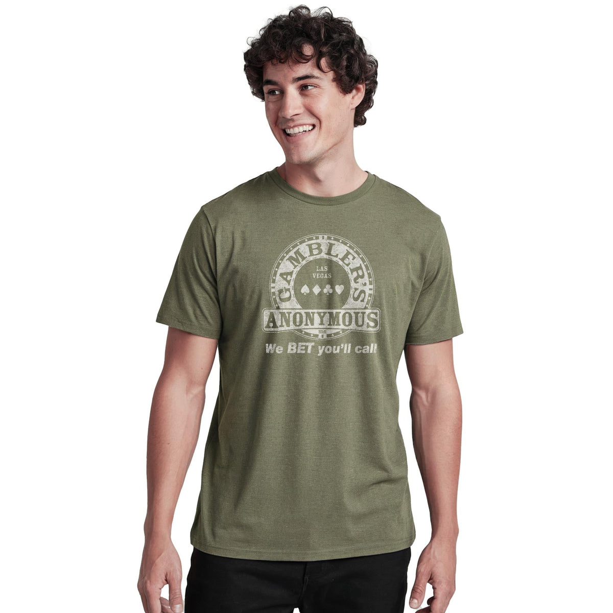 Gambler's Anonymous Vintage Staple T-shirt in Olive Heather On Model - Front View