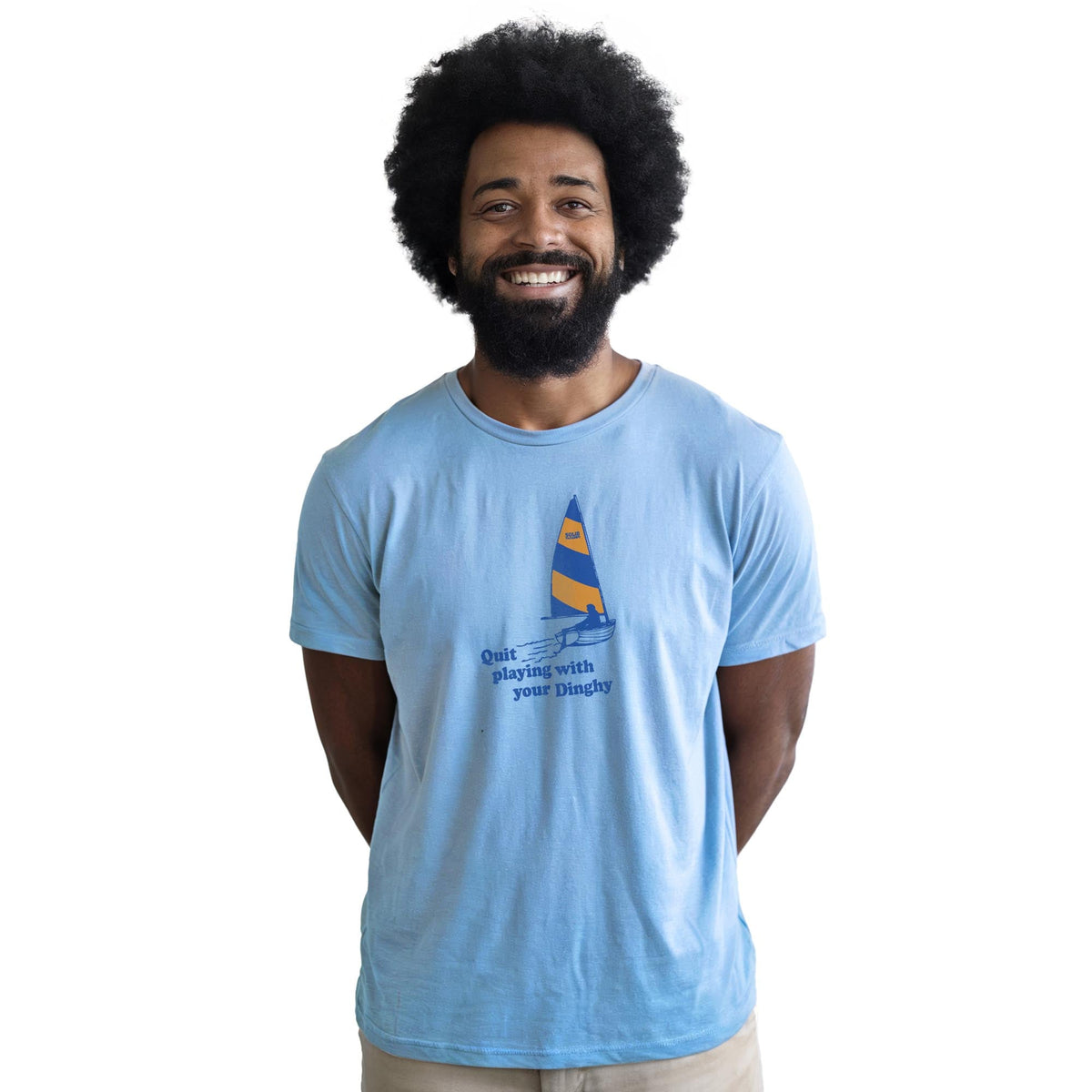 Quit Playing With Your Dinghy Vintage Staple T-shirt in Light Blue Heather On Model - Front View