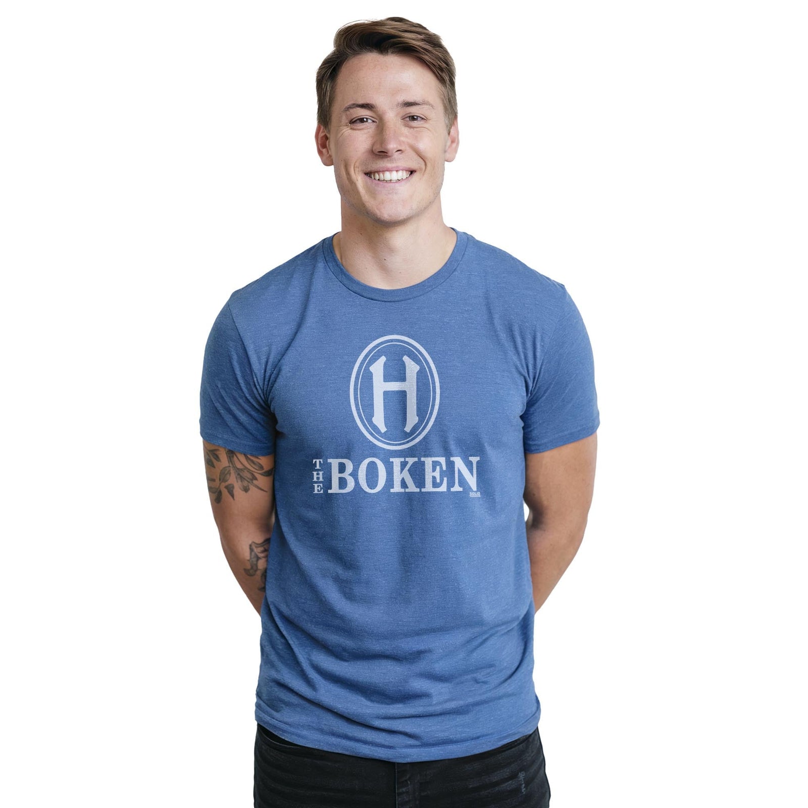 The Boken Cool Staple T-shirt in Royal Heather On Model - Front View
