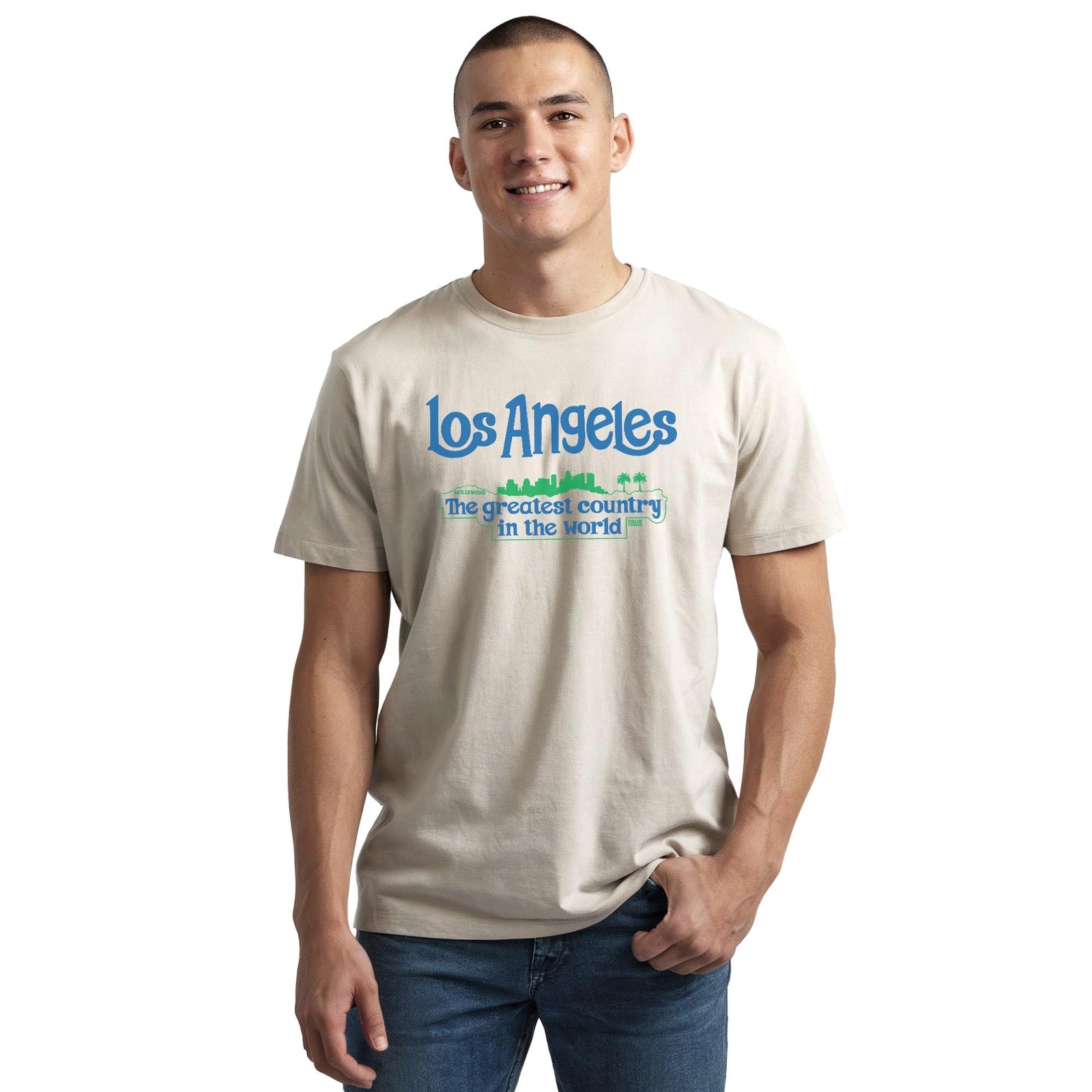 Los Angeles The Greatest Country In The World Vintage Staple T-shirt in Natural On Model - Front View