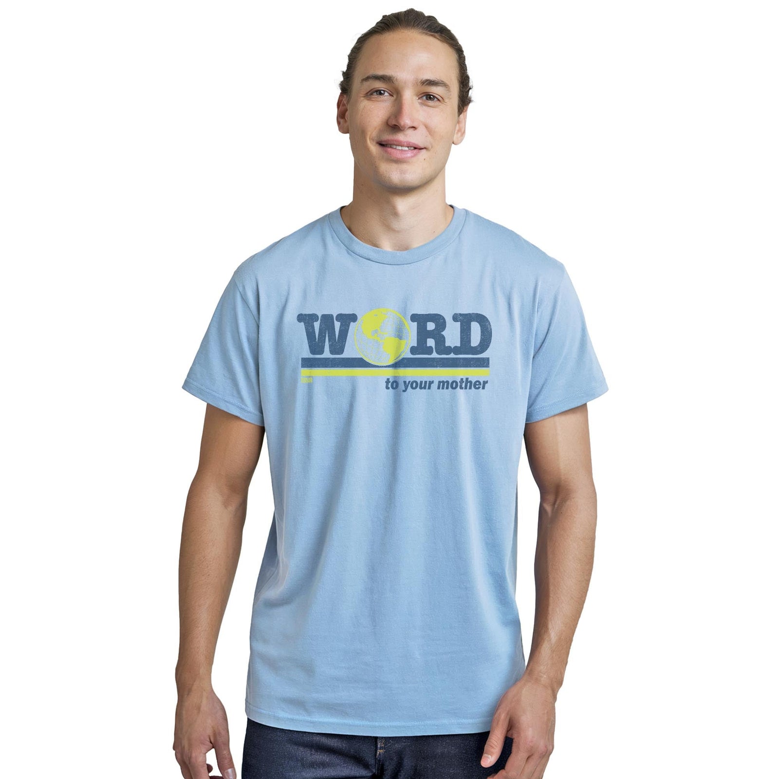 Word To Your Mother Vintage Staple T-shirt in Light Blue Heather On Model - Front View