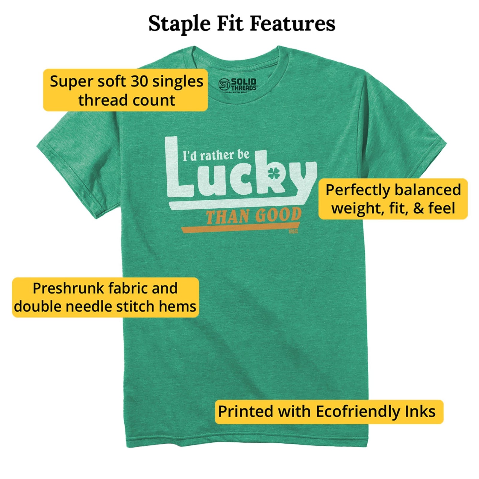 I'd Rather Be Lucky Than Good Vintage Staple T-shirt in Kelly Heather - Fit Attributes