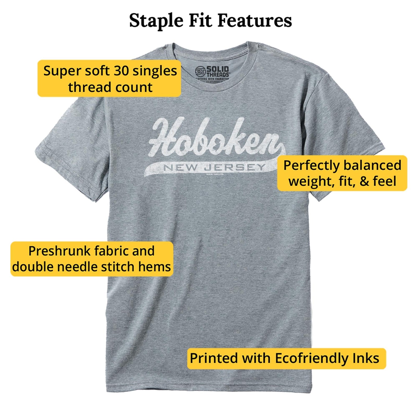 Hoboken Script Cool Staple T-shirt in Ash Heather - Fit Attributes