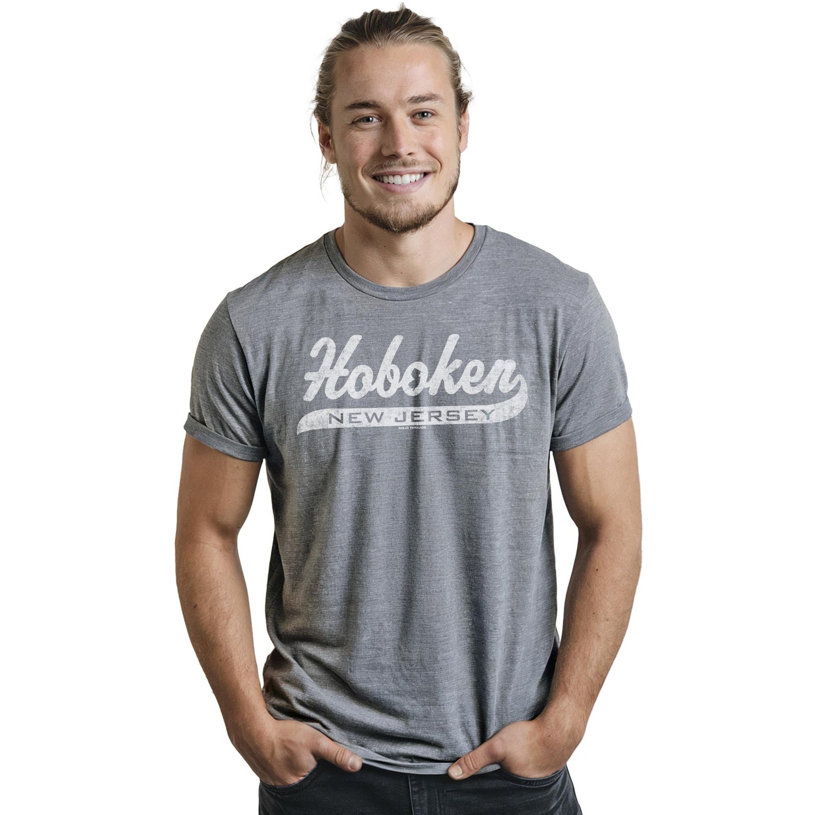 Hoboken Script Cool Staple T-shirt in Ash Heather On Model - Front View
