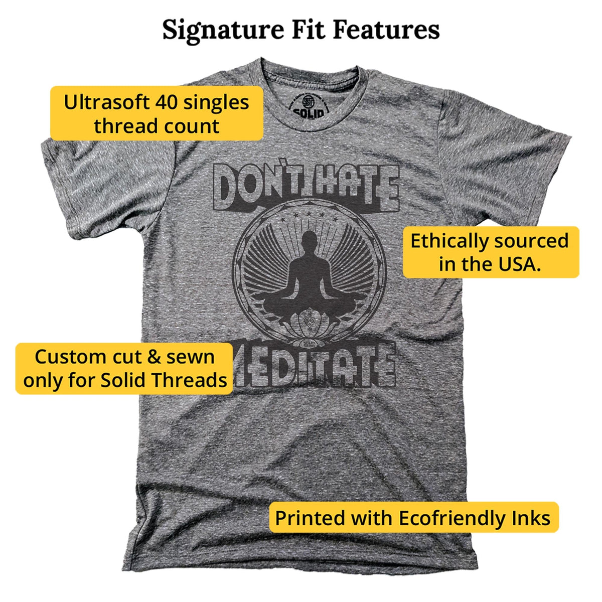 Don't Hate Meditate Cool Signature T-shirt in Triblend Grey - Fit Attributes