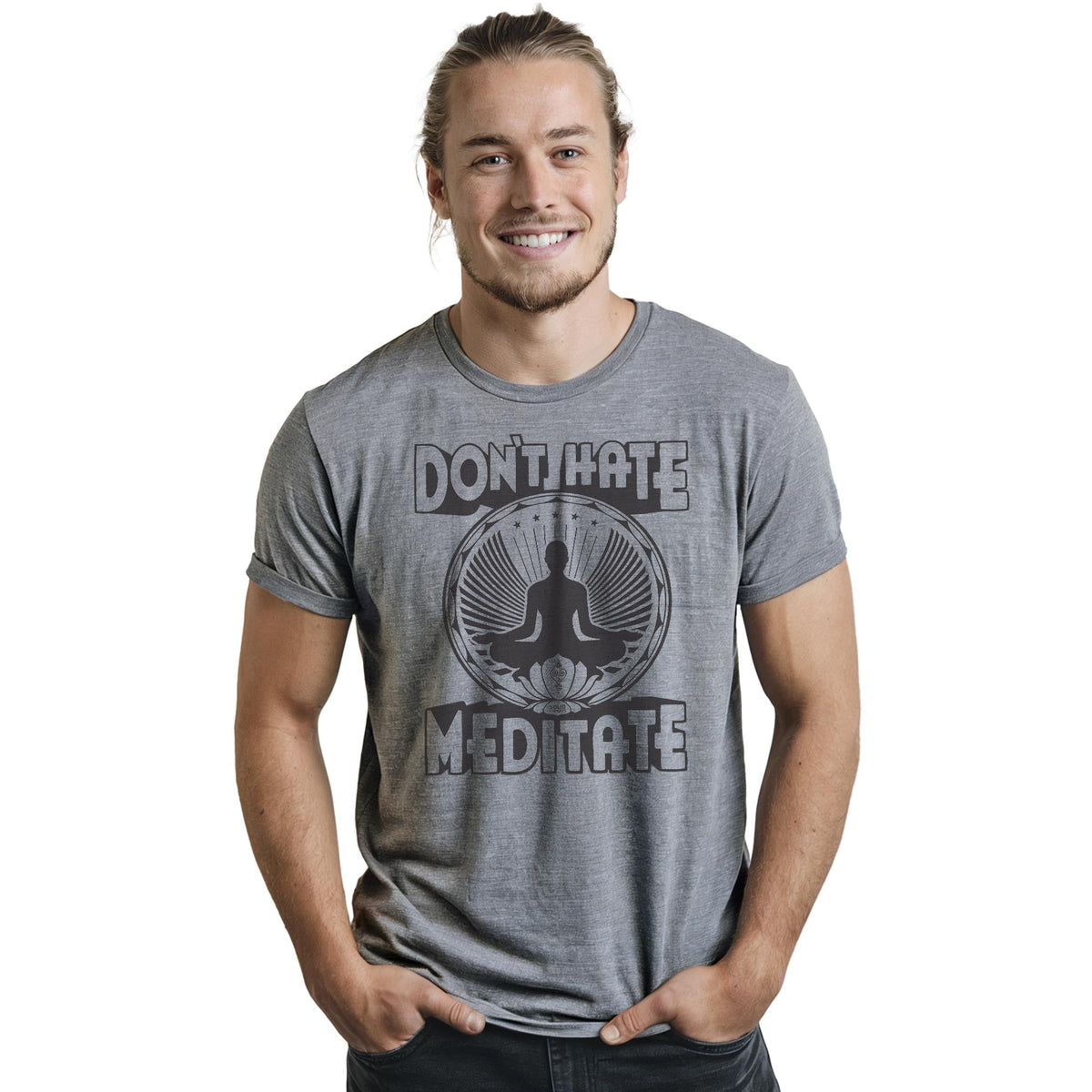 Don't Hate Meditate Cool Staple T-shirt in Ash Heather On Model - Front View