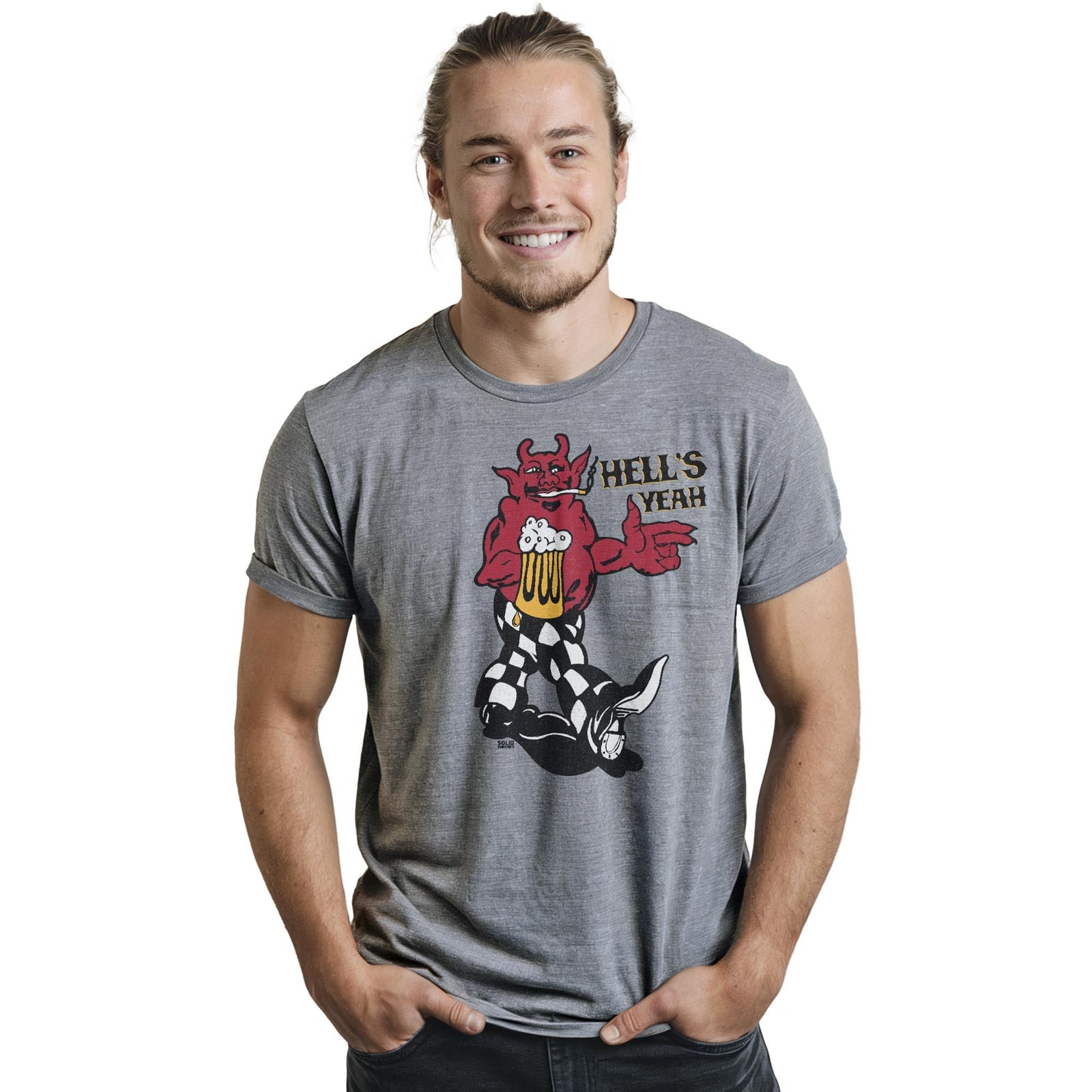 Hells Yeah Vintage Staple T-shirt in Ash Heather On Model - Front View