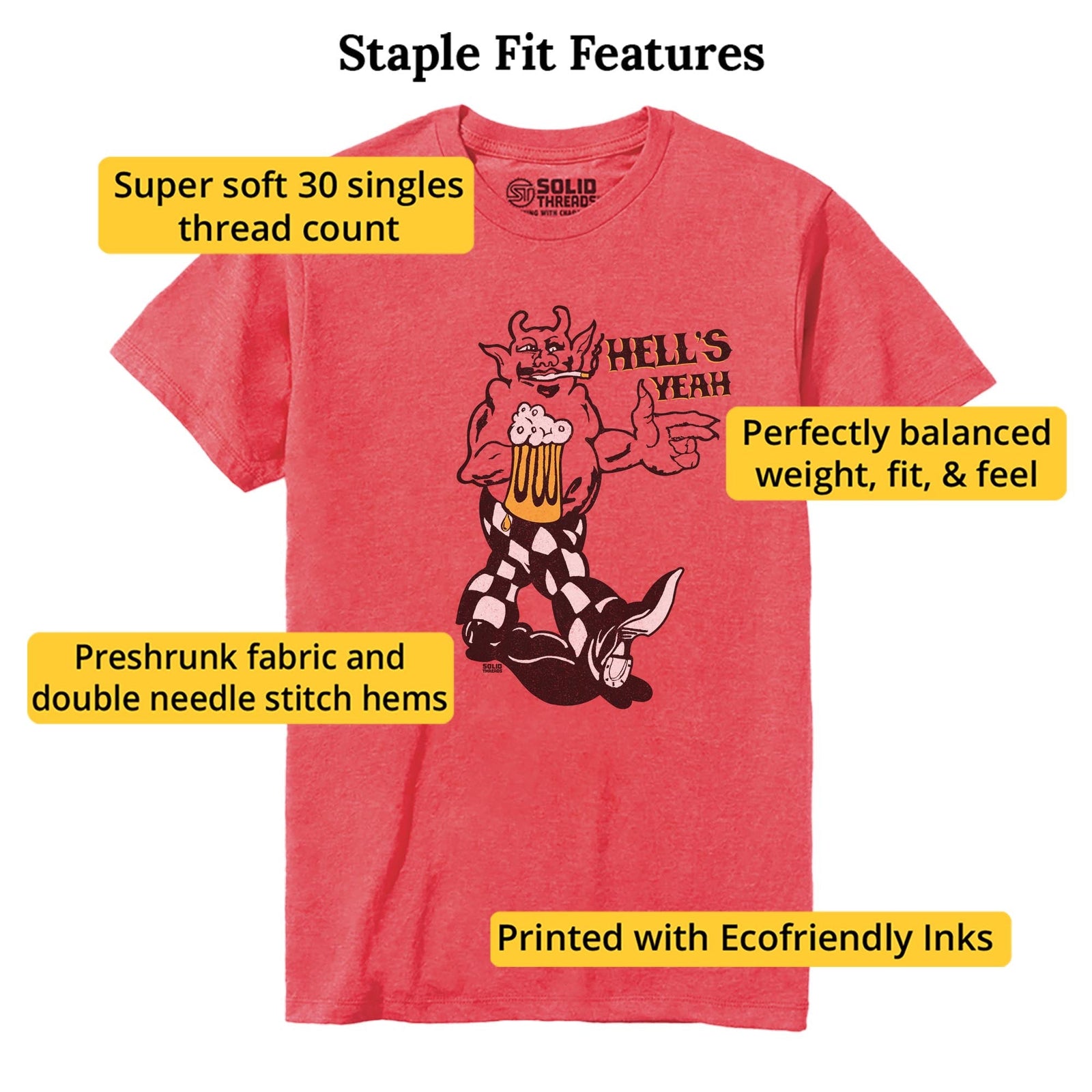 Hells Yeah Vintage Staple T-shirt in Red Heather - Fit Attributes