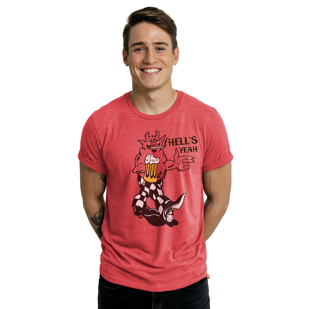 Hells Yeah Vintage Staple T-shirt in Red Heather On Model - Front View